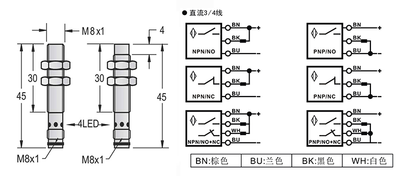 M8-M8-45mm圓柱標準型接近開關(guān)接頭式